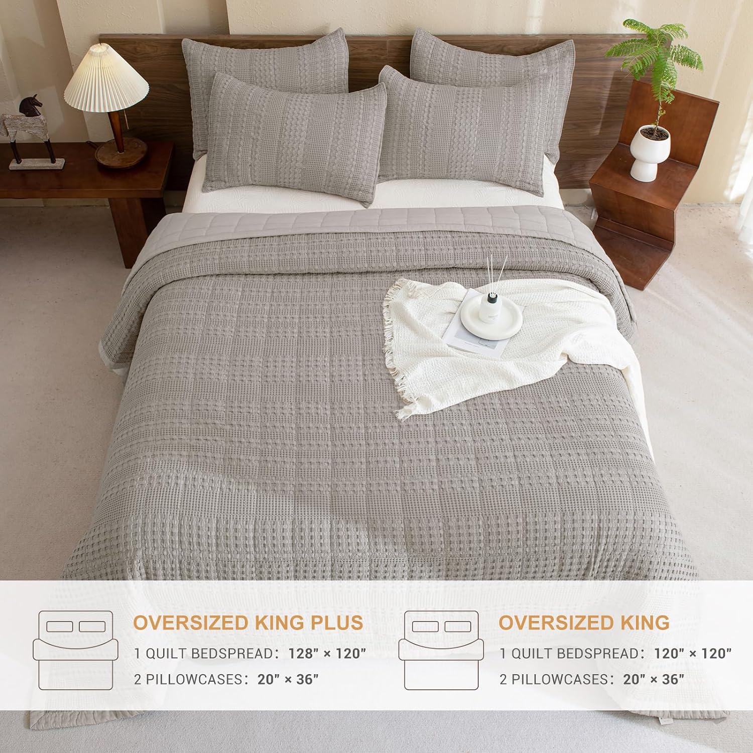 Sanracie Oversized King Quilt (120'x120'), Cotton Dark Khaki Waffle Weave Quilt Sets 3Pcs Lightweight Breathable Quilt Bedding Set Luxury Soft Bedding Coverlet for All Seasons