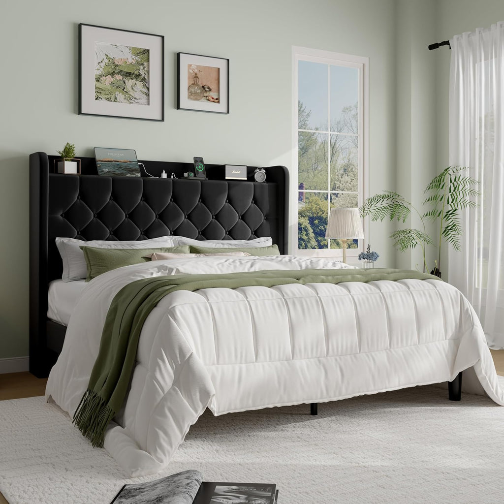 SHA CERLIN Queen Size Platform Bed Frame with Charging Station, Velvet Wingback Headboard with Storage Shelf, Wooden Slats Support, Ample Under-Bed Space, No Box Spring Needed, Easy Assembly, Black