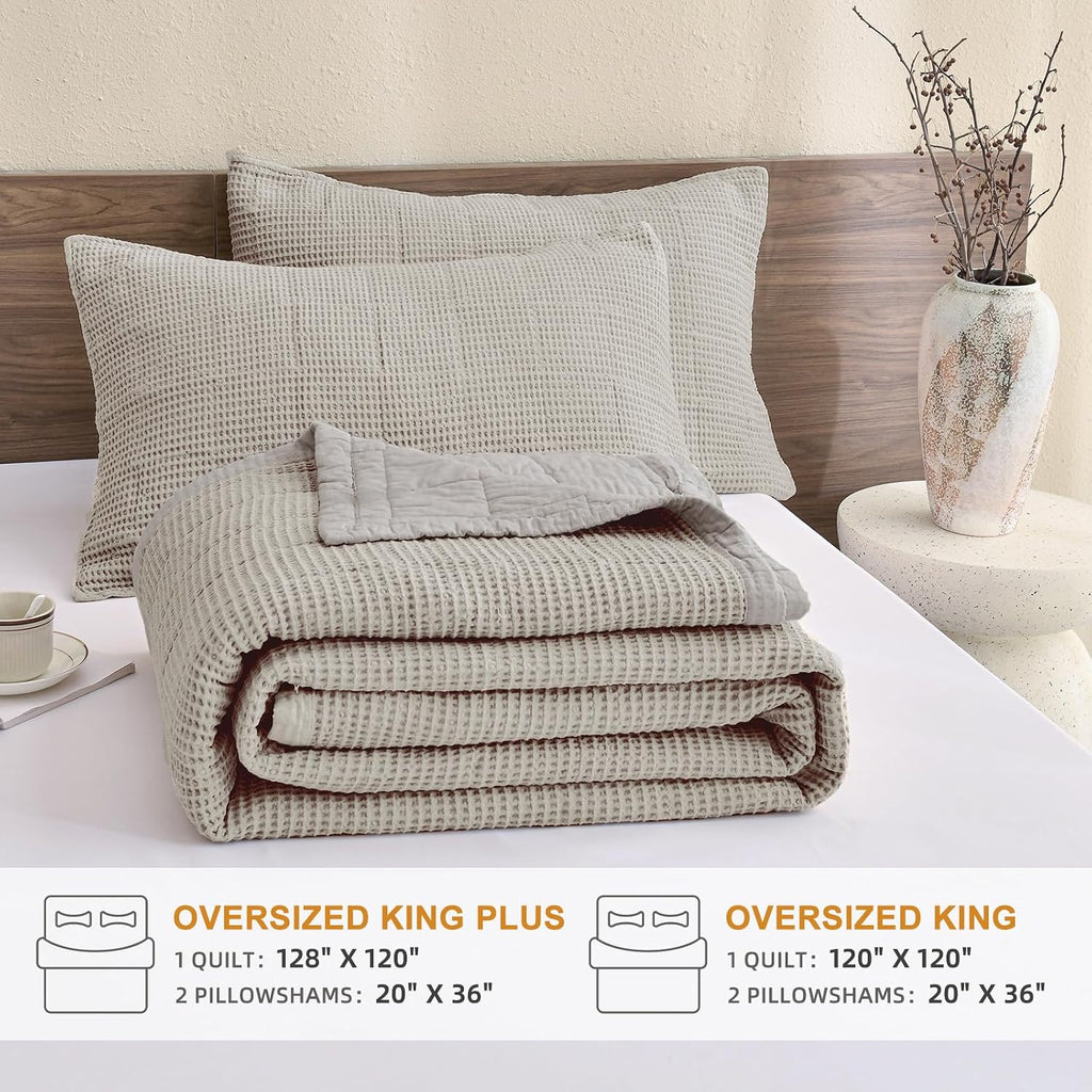 Sanracie Oversized King Bedspread(120'x120'), Cotton Waffle Weave Quilt Set 3Pcs Soft Lightweight Farmhouse Oversized King Quilt Bedding Set,Luxury Bedding Coverlet for All Seasons