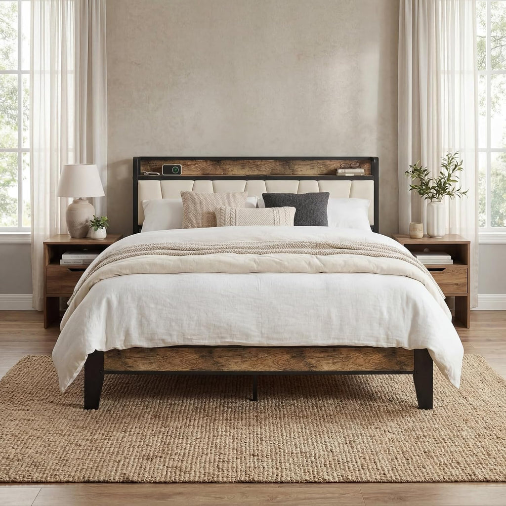 LIKIMIO Full Size Bed Frame, Storage Headboard with Charging Station, Solid and Stable, Noise Free, No Box Spring Needed, Easy Assembly (Walnut and Beige)