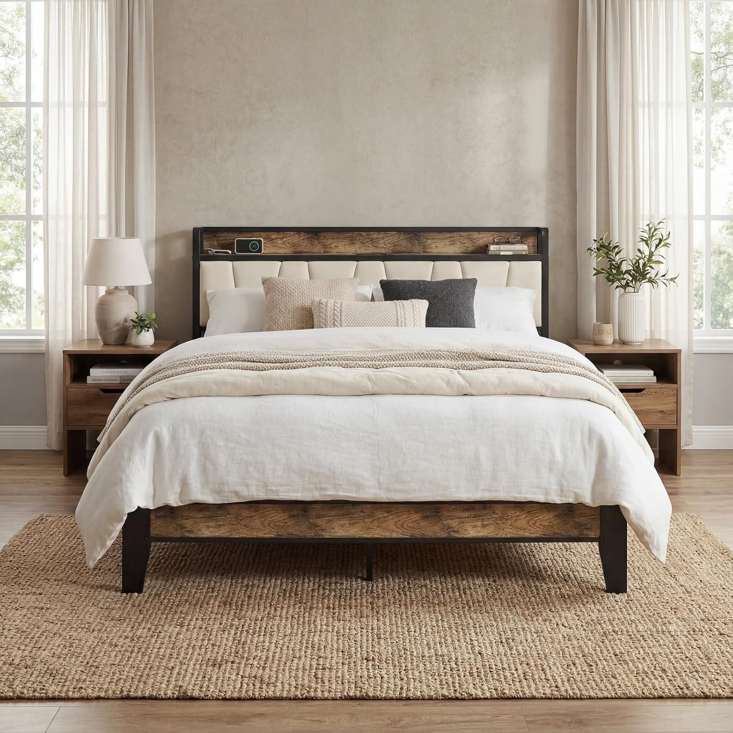 LIKIMIO Full Size Bed Frame, Storage Headboard with Charging Station, Solid and Stable, Noise Free, No Box Spring Needed, Easy Assembly (Walnut and Beige)