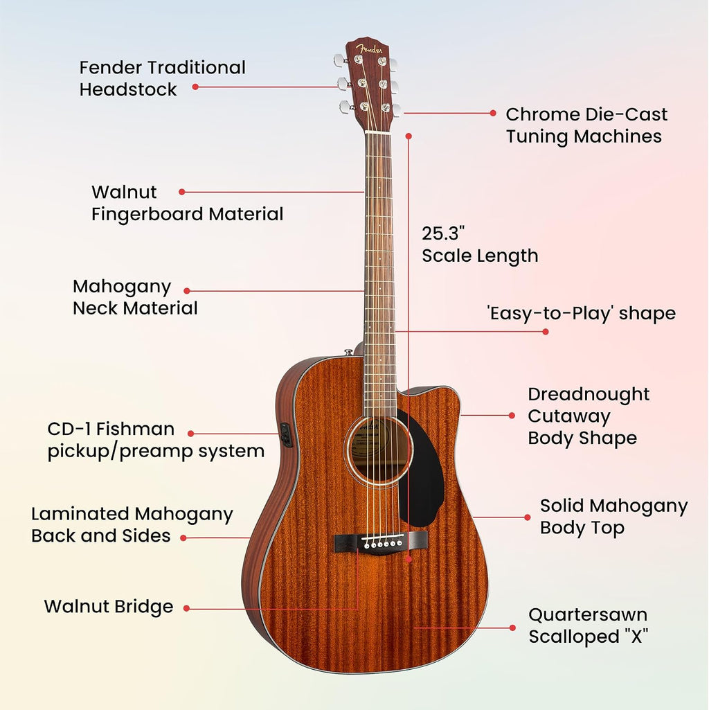 Fender CD-60SCE Solid Top Dreadnought Acoustic-Electric Guitar - All Mahogany Bundle with Hard Case, Instrument Cable, Strap, Tuner, Picks, Strings, and Austin Bazaar Instructional DVD