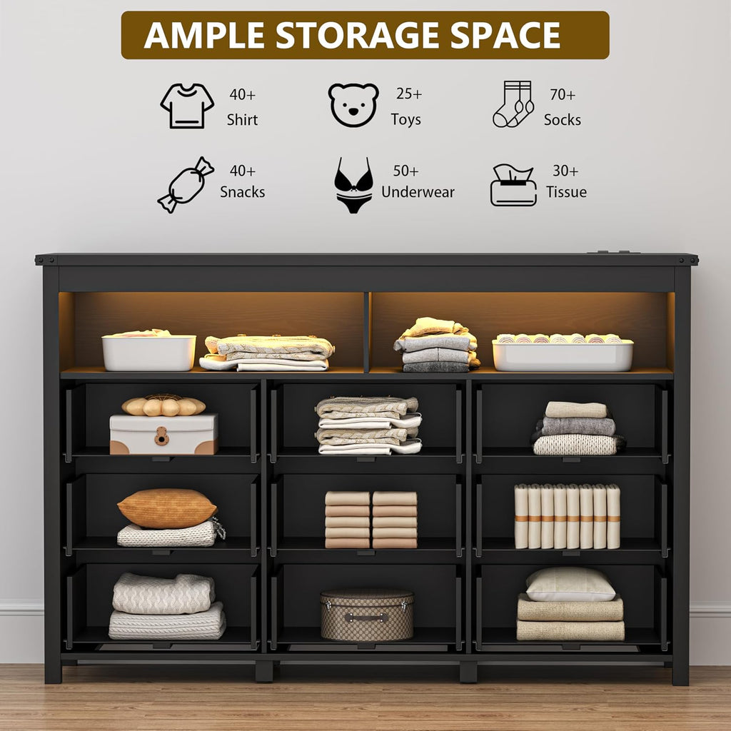 Dresser for Bedroom with 9 Drawers, Wide Modern Chest of Drawers with LED Light and Power Outlet, Wooden Closet Organizer Clothes Storage Cabinet, Double Dressers for Living Room, Hallway, Black