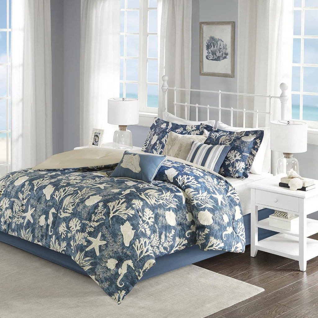 Madison Park 100% Cotton Comforter Set-Coastal Coral, Starfish Design All Season Down Alternative Cozy Bedding with Matching Shams, California King (104 in x 92 in), Blue 7 Piece