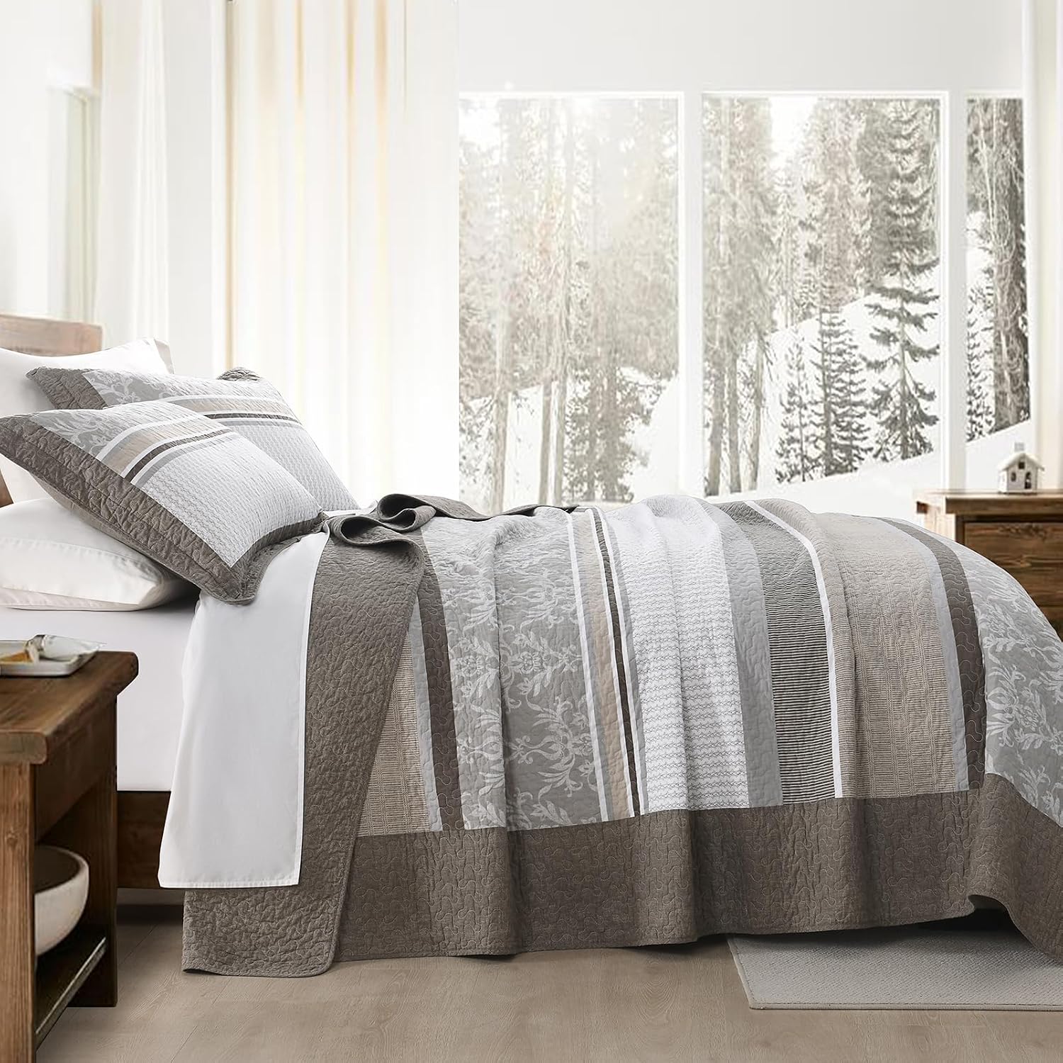 KALOOLA 100% Cotton Quilts Queen Size - Lightweight Quilted Bedding Set 3 Pcs, Farmhouse Printed Striped Bedspread with 2 Pillow Shams, Modern Bed Coverlet for All Season, Dark Brown/Charcoal/Beige
