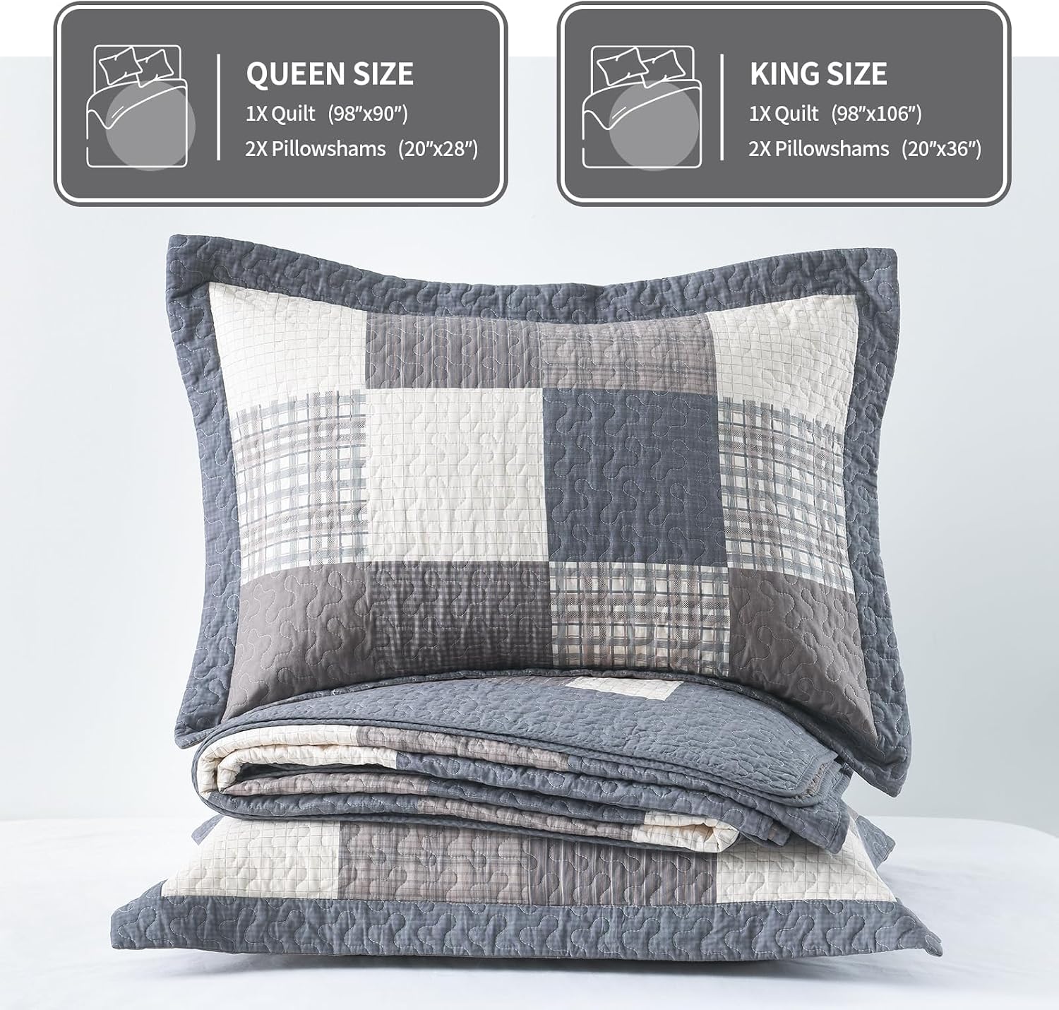 KALOOLA Farmhouse Quilts Queen Size - 100% Cotton Lightweight Quilted Bedding Set 3 Pcs, Cottage Printed Plaid Bedspread with 2 Pillow Shams, Reversible Bed Coverlet for All Season, Gray/Brown/Beige