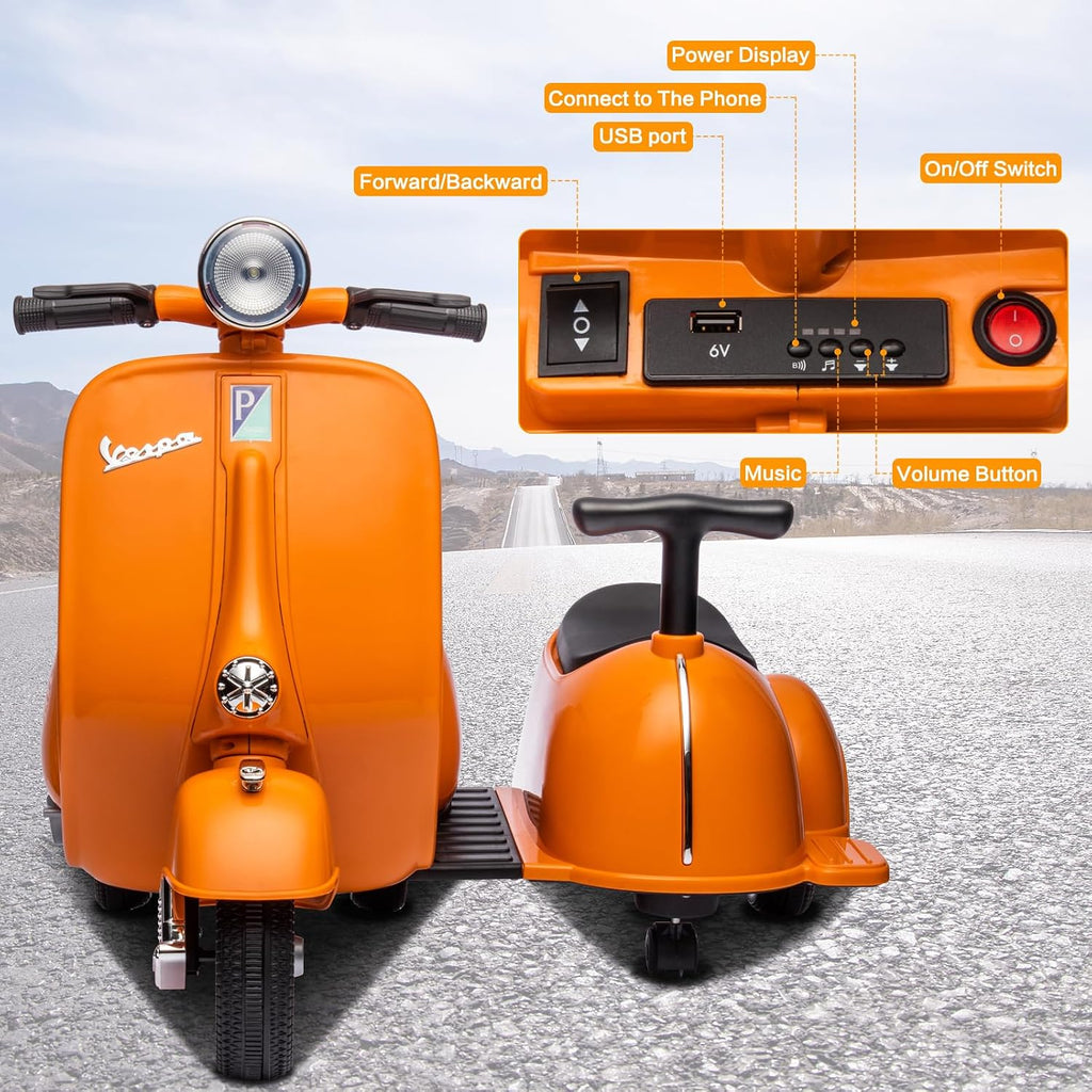 Licensed Vespa Kids Ride On Car with Side Car & Speaker | Motorcycle 2 Seater Three Wheeled Toy Car Rechargeable with Music Player, Volume Button, Lights, USB Plug, Forward, Backward, Orange