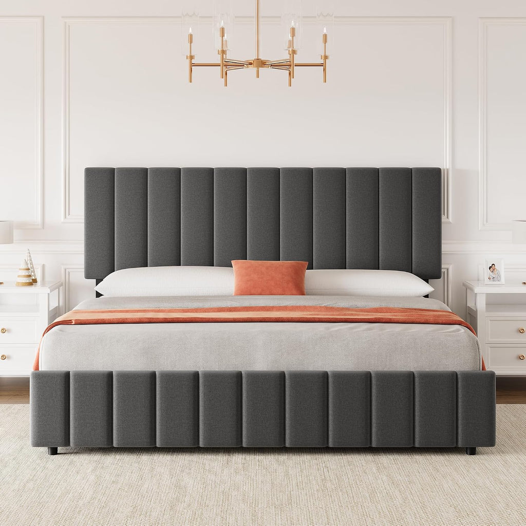 Garvee Full Size Bed Frame with 4 Storage Drawers, Adjustable Height Headboard, Linen Upholstered Platform Bed Frame, No Box Spring Needed, Easy Assembly, Grey