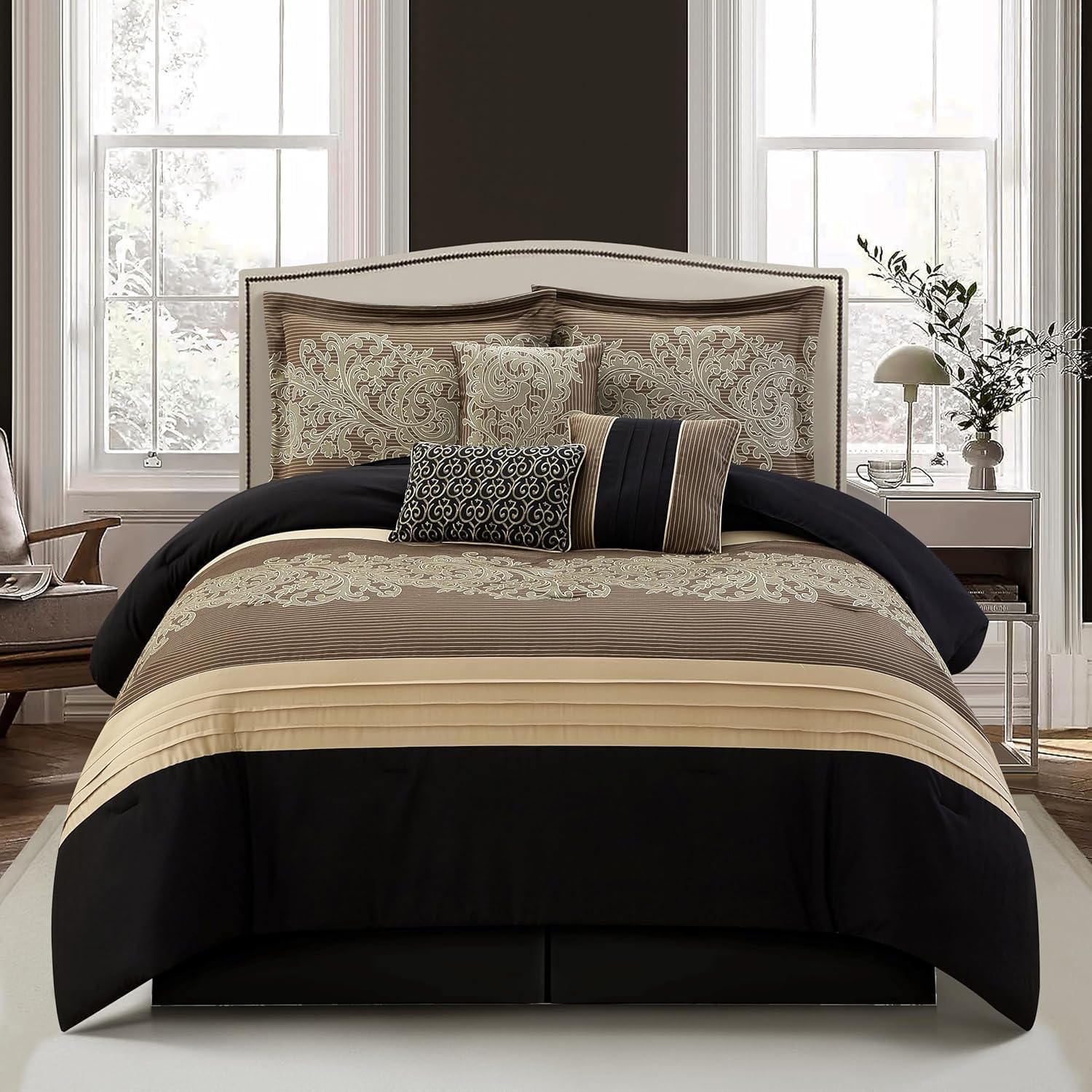 Stratford Park Black/Gold Bed Comforter King Set, 7 Piece, Ultra Soft, Premium Microfiber, Pillow Shams Bedskirt, Jacquard Bedding Set, All Season