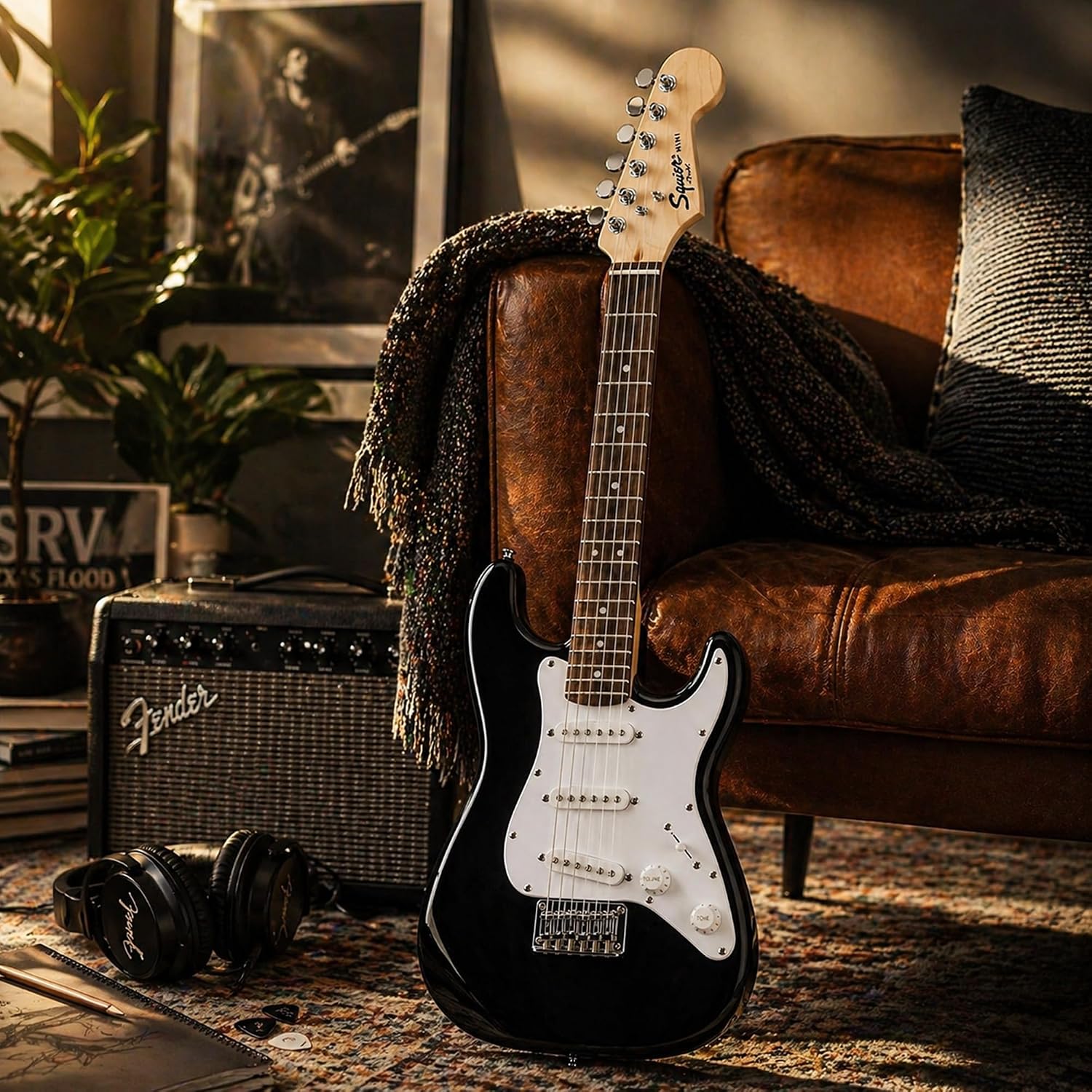 Fender Squier 3/4 Size Kids Mini Strat Electric Guitar Learn-to-Play Bundle w/ Amp, Cable, Tuner, Strap, Picks, Fender Play Online Lessons, and Austin Bazaar Instructional DVD - Black