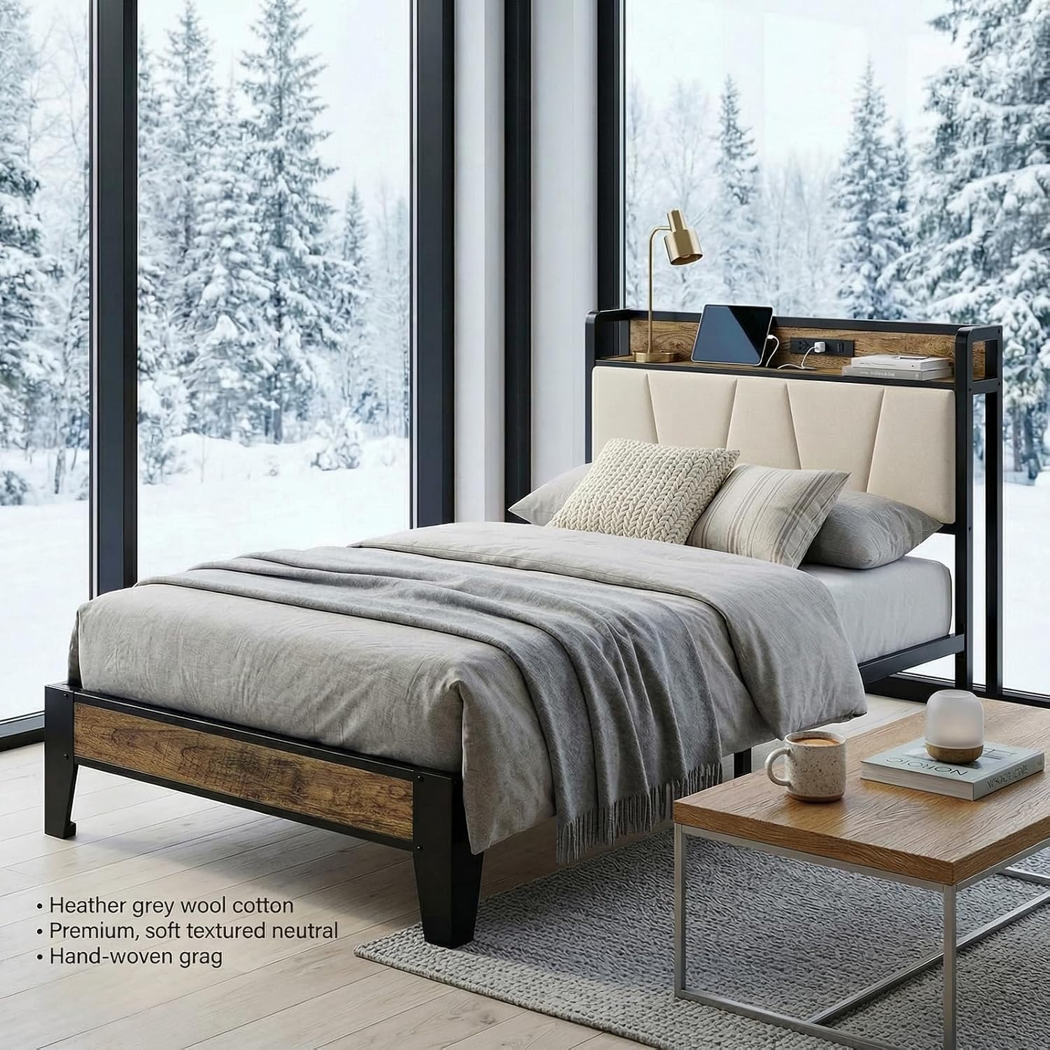 LIKIMIO Twin Bed Frames, Storage Headboard with Charging Station, Solid and Stable, Noise Free, No Box Spring Needed, Easy Assembly (Walnut and Beige)