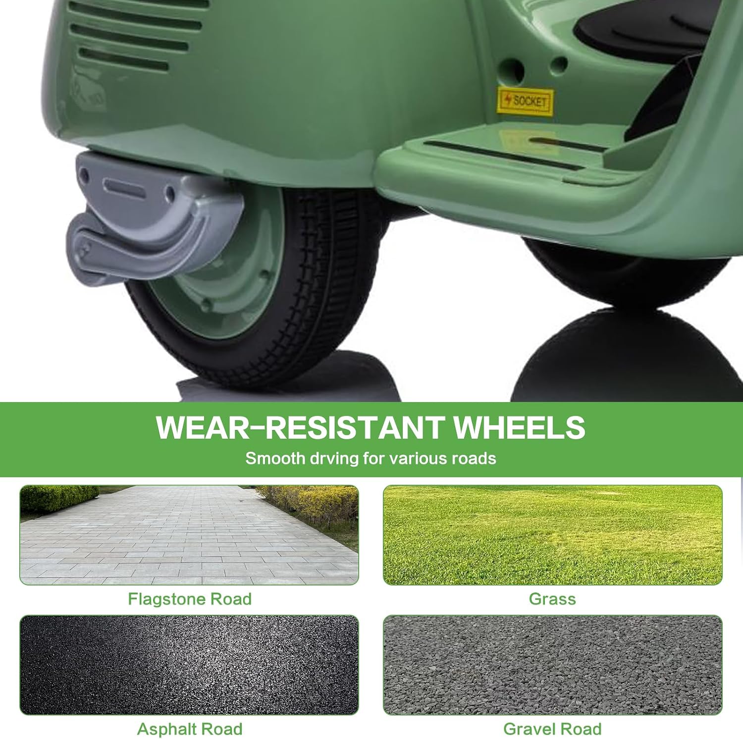 Licensed Vespa Kids Ride On Car with Side Car & Speaker | Motorcycle 2 Seater Three Wheeled Toy Car Rechargeable with Music Player, Volume Button, Lights, USB Plug, Forward, Backward, Green
