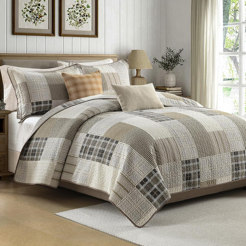 KALOOLA 100% Cotton 5-Pieces Quilt Set Queen Size, All Season Lightweight Quilted Bedspread with 2 Shams 2 Decorative Pillow Covers, Farmhouse Bedding Coverlet for Queen Bed, Beige/Cream/Brown