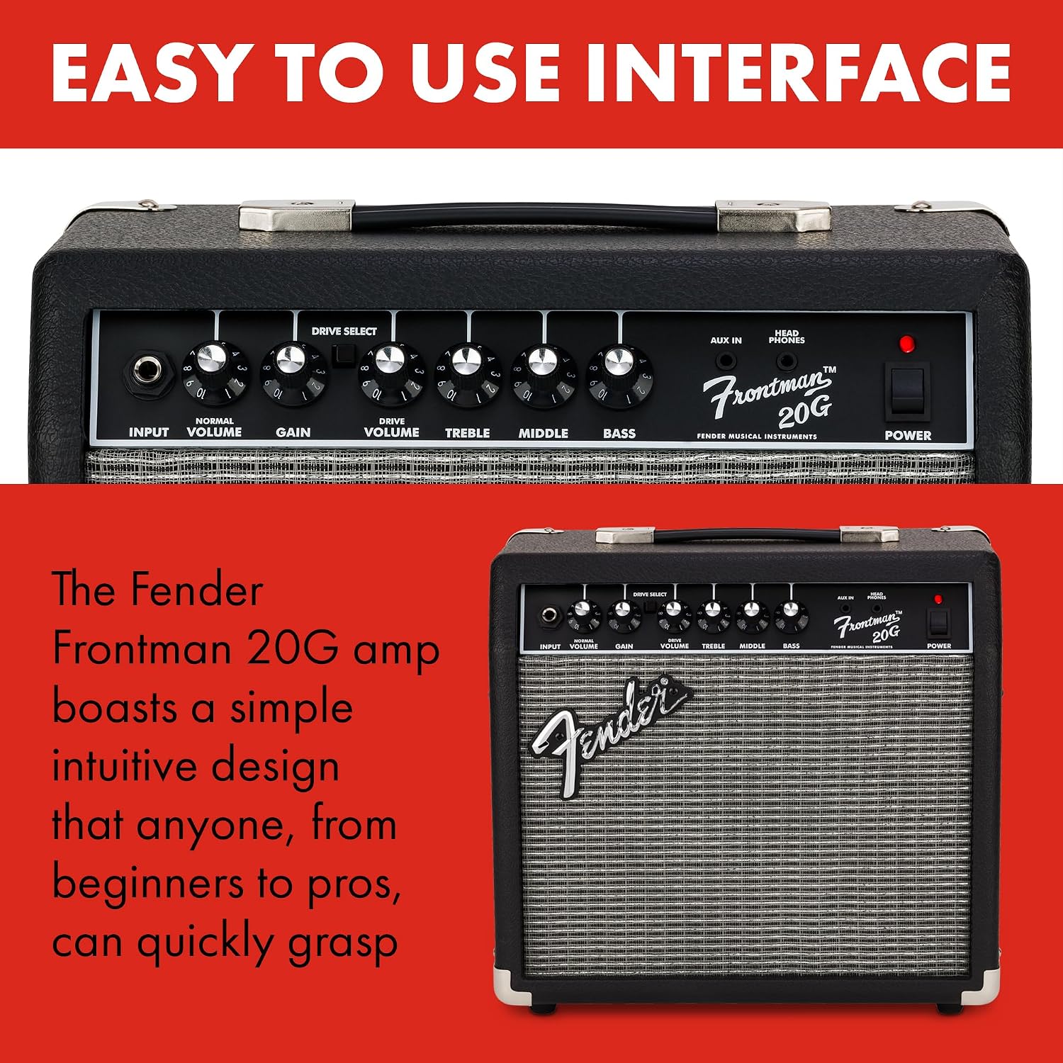 Fender Frontman 20G Electric Guitar Amplifier, 20-Watt Practice Amp with 8' Speaker, Clean & Drive Channels, 3-Band EQ, Aux In & Headphone Jack, with 2-Year Warranty