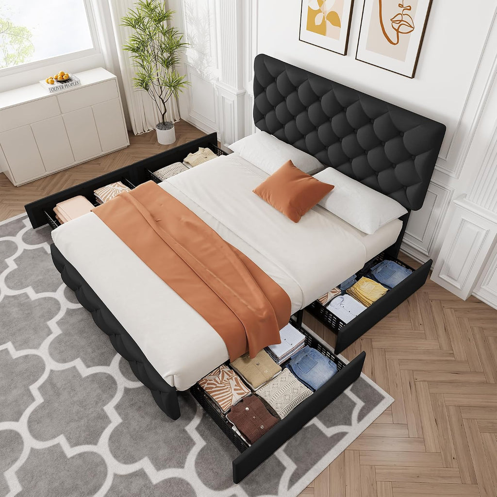 Full Size Bed Frame with 4 Storage Drawers, Linen Upholstered Platform Bed Frame with Headboard and Footboard, Wooden Slats Support, Diamond Stitched Button Tufted, No Box Spring Needed, Black