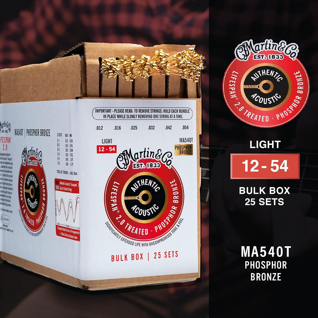 Martin Authentic Acoustic® Lifespan® 2.0 Guitar Strings – Phosphor Bronze, Light Gauge, Bulk Box (25 Sets) | Bulk Box for Acoustic Guitar Players, Techs & Repair Shops