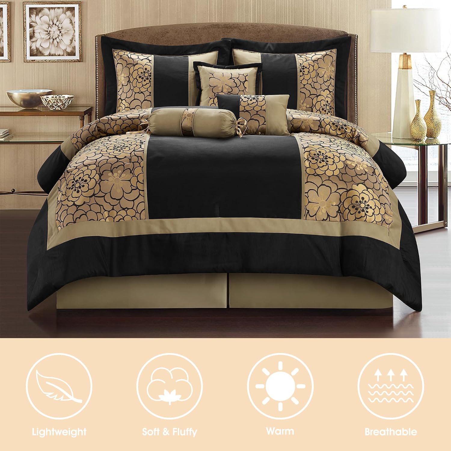 LANCO MODERN LIFESTYLE 7 Piece King Size Comforter Set, Black Gold, Elegant Floral Jacquard, Stylish and Cozy Bedding Collection, Premium Bedding Set with Bedskirt, Shams and Pillows