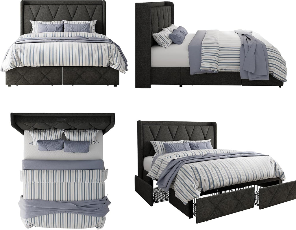 GalnFu Full Size Bed Frame with 4 Storage Drawers, Upholstered Platform Bed with Charging Station, Modern Wingback Storage Headboard, Easy Assembly,Noise-Free, Dark Gray