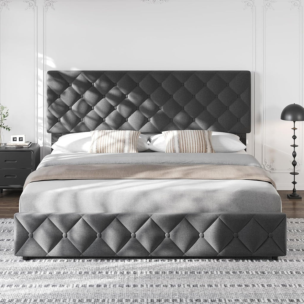 King Size Bed Frame with 4 Storage Drawers & Headboard, Linen Upholstered Platform Bed Frame, Stylish Diamond Tufted Design, No Box Spring Needed | Grey