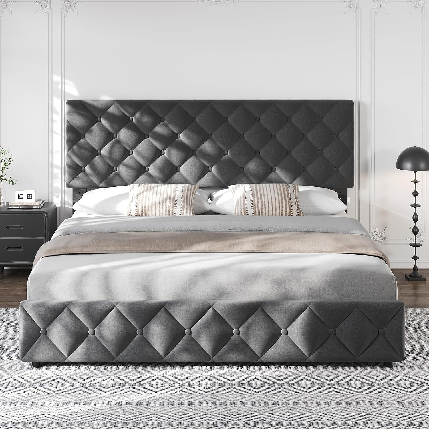 King Size Bed Frame with 4 Storage Drawers & Headboard, Linen Upholstered Platform Bed Frame, Stylish Diamond Tufted Design, No Box Spring Needed | Grey