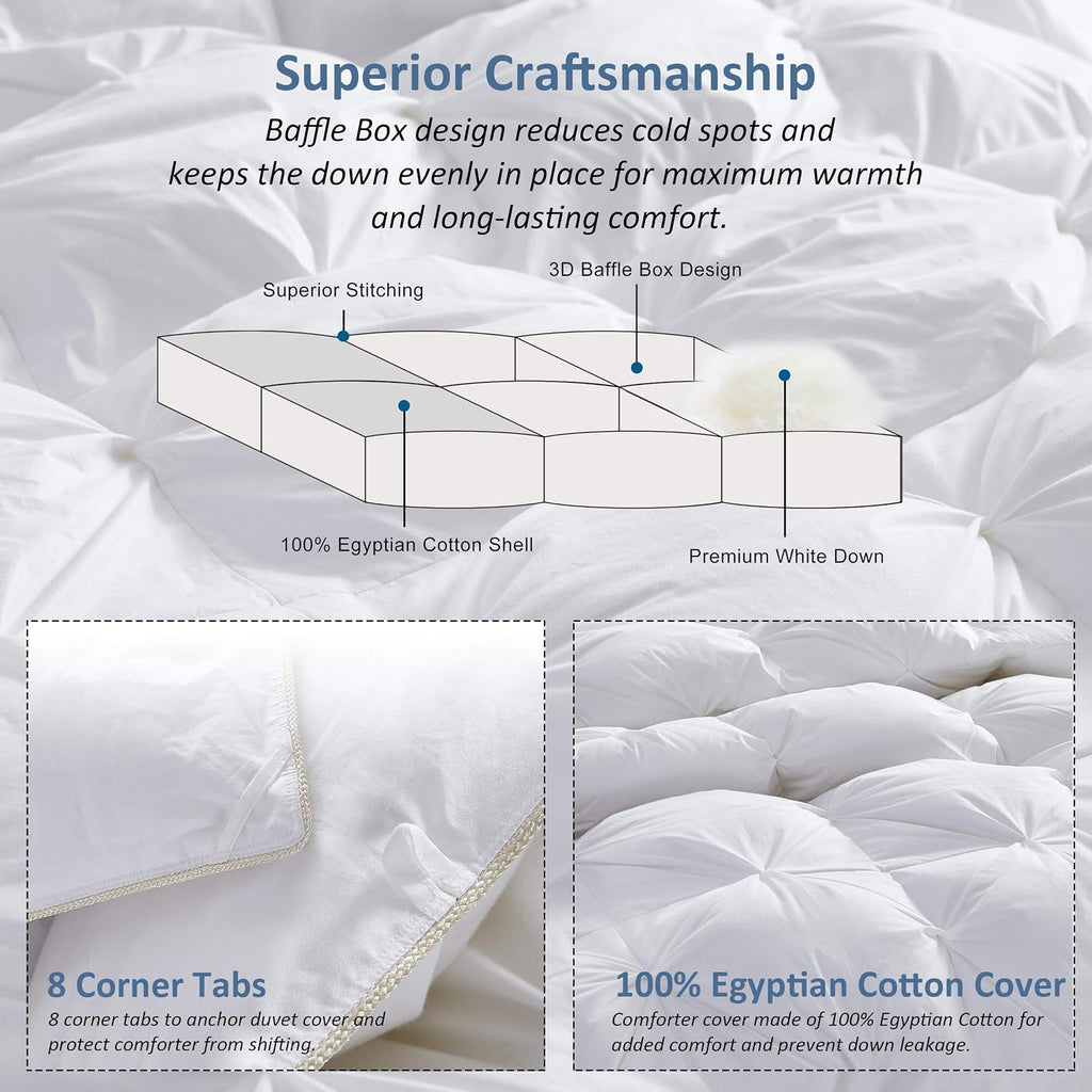 Luxurious All-Season Goose Down Comforter California King (Cal King) Size Duvet Insert, Exquisite Pinch Pleat Design, 1200 Thread Count 100% Egyptian Cotton, 75 oz Fill Weight, White