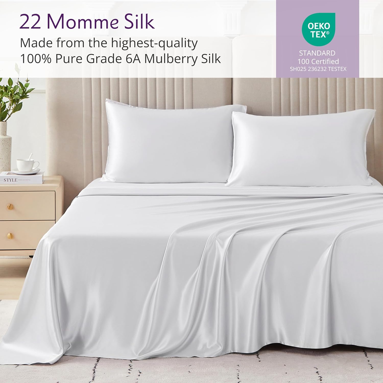 Mulberry Park Silks - 22 Momme 100% Mulberry Silk Sheets - King Size Bed Set - 16' Pocket - Luxurious Bed Sheets & Pillowcases, Skin-Friendly & Breathable - Charmeuse Silk for Hair Care - White