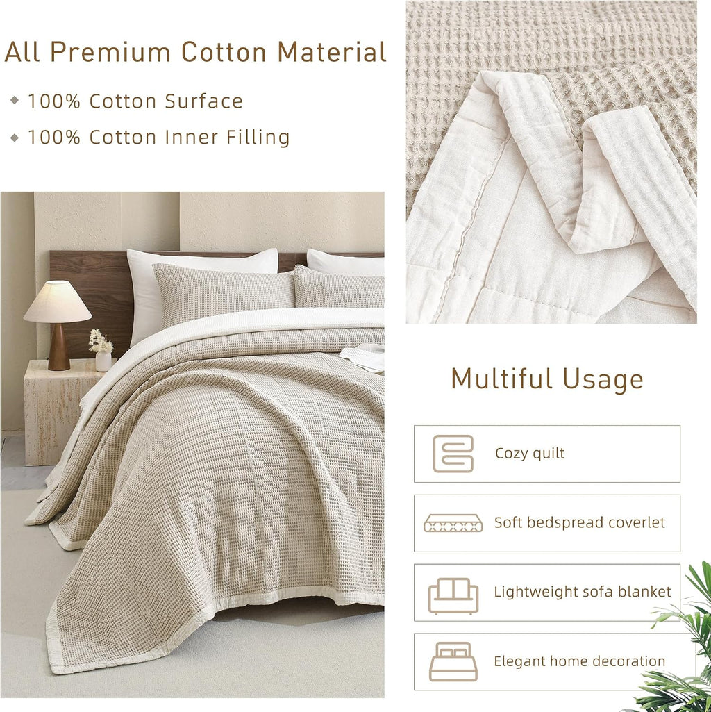 CozyTide King Size Quilt(110x98 Inch),100% Cotton Light Khaki King Quilt Bedding Set,Vintage Farmhouse Boho Lightweight Waffle Bedspread Ultra Soft