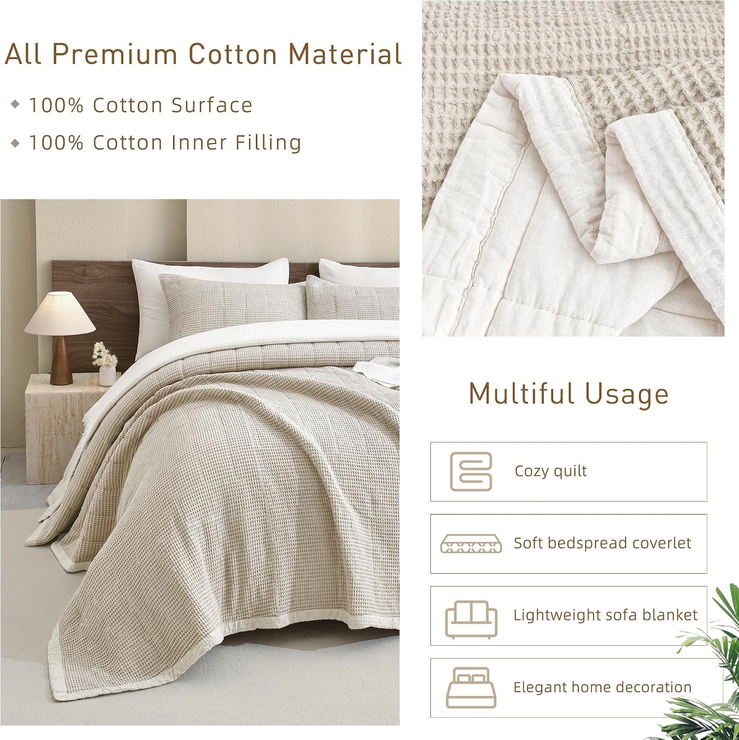 CozyTide King Size Quilt(110x98 Inch),100% Cotton Light Khaki King Quilt Bedding Set,Vintage Farmhouse Boho Lightweight Waffle Bedspread Ultra Soft