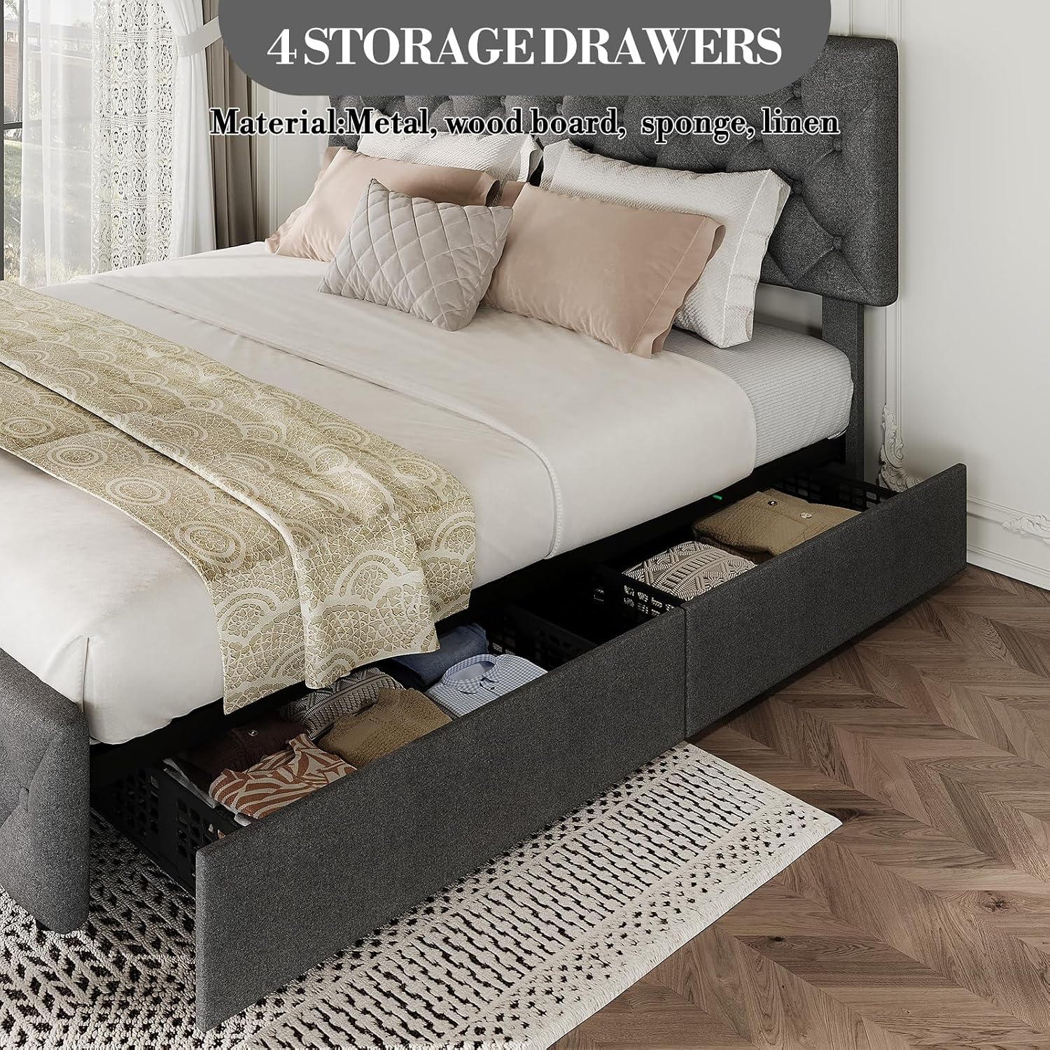 Full Size Bed Frame with 4 Storage Drawers & Headboard, Linen Upholstered Platform Bed Frame, Stylish Diamond Tufted Design, No Box Spring Needed | Grey