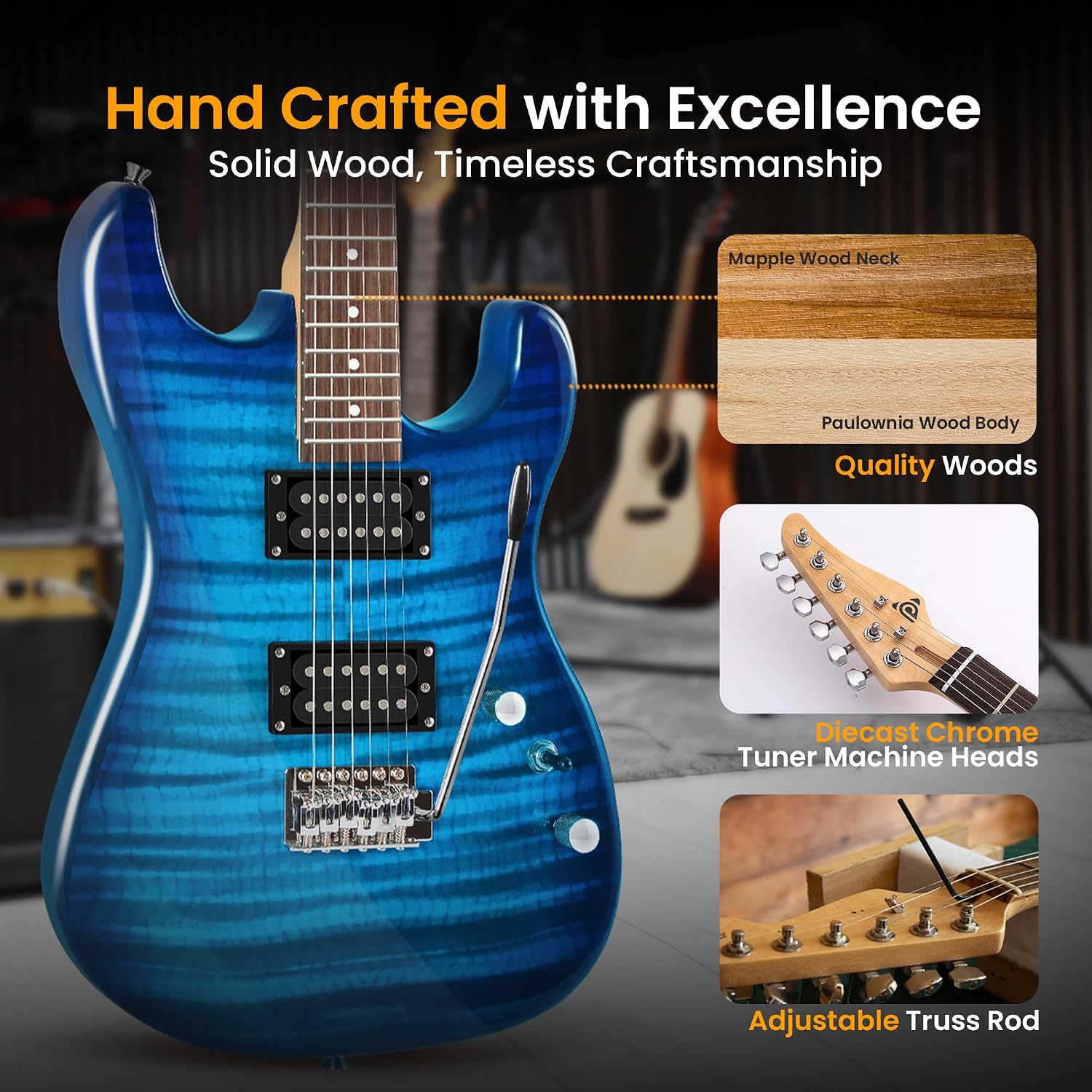 Pyle Electric Guitar Kit with Amp, Full Size Instrument with Humbucker Pickups, Guitarra Electrica Amplifier and Beginner Bundle Accessories, 39' (Legacy Blue)