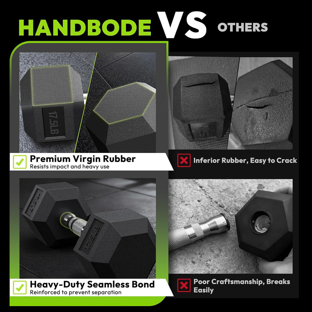 HANDBODE Rubber Coated Hex Dumbbell Set with A-Frame Rack, 100 lb - 550 lb Multiple Options Weight, Hexagon Non-Rolling Shape, Ergonomic Knurled Handle, Home Gym Equipment for Strength Training