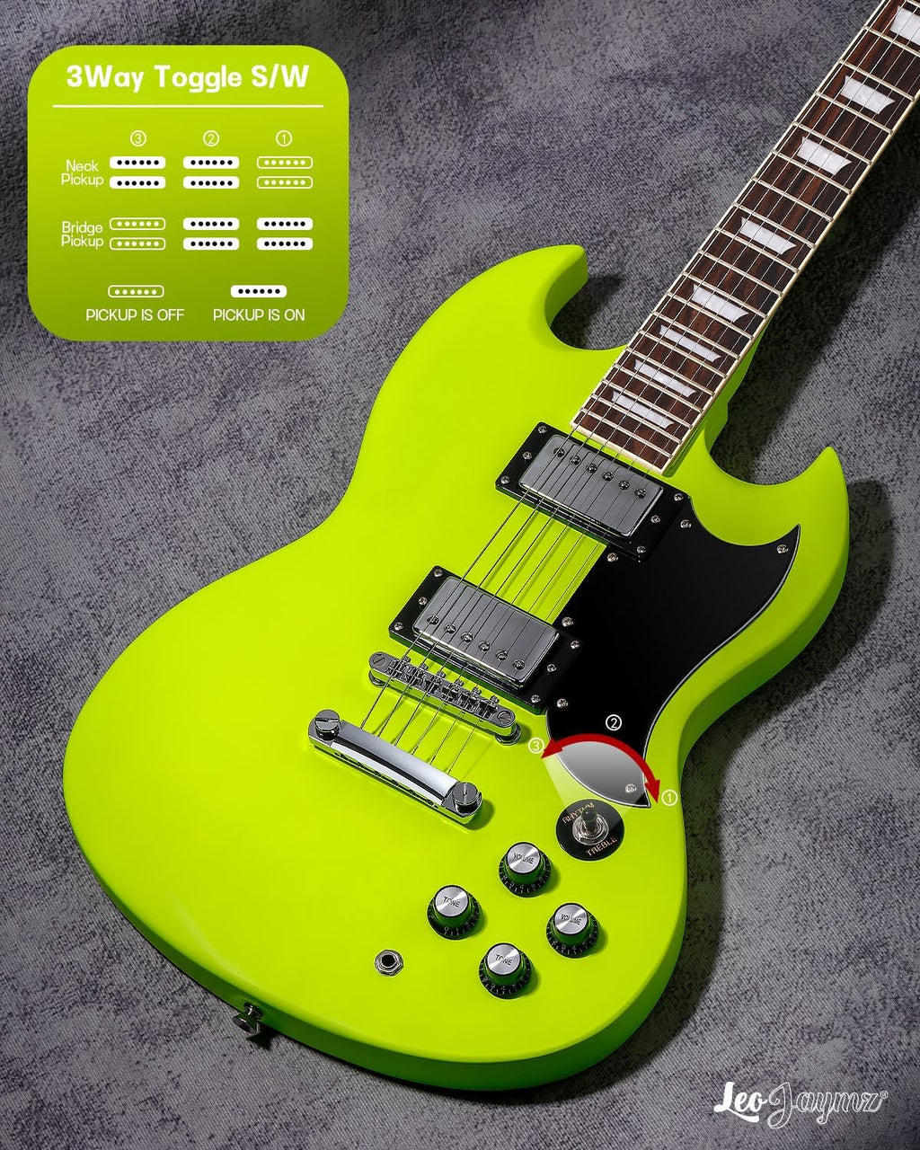 Leo Jaymz 39 Inch Solid Body Electric Guitar - Poplar Wood Body，Maple Neck and Laurel Wood Fretboard (Fluorescent Green)