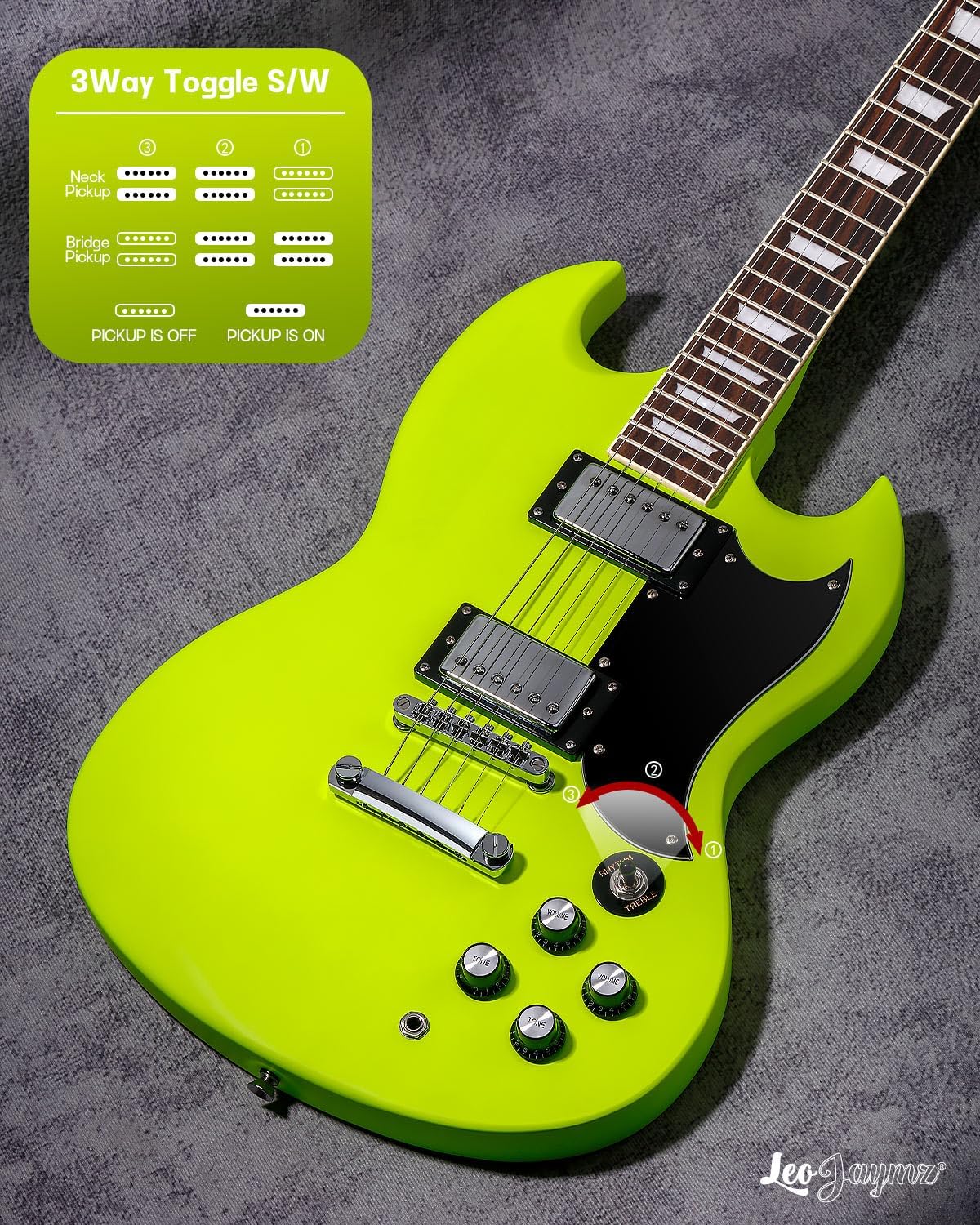 Leo Jaymz 39 Inch Solid Body Electric Guitar - Poplar Wood Body，Maple Neck and Laurel Wood Fretboard (Fluorescent Green)
