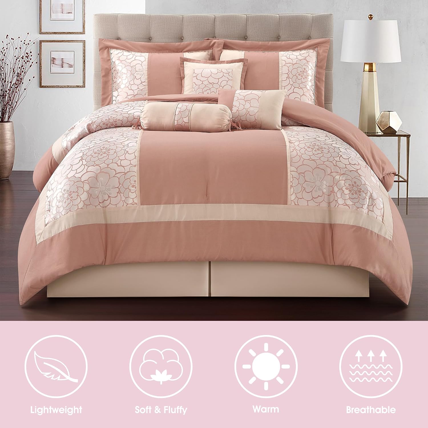 LANCO MODERN LIFESTYLE 7 Piece California King Comforter Set, Blush, Elegant Floral Jacquard, Stylish and Cozy Bedding Collection, Premium Bedding Set with Bedskirt, Shams and Pillows