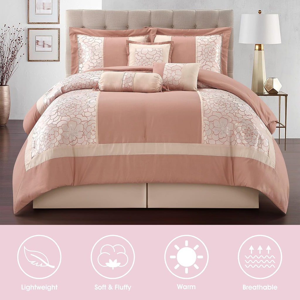 LANCO MODERN LIFESTYLE 7 Piece King Size Comforter Set, Blush, Elegant Floral Jacquard, Stylish and Cozy Bedding Collection, Premium Bedding Set with Bedskirt, Shams and Pillows