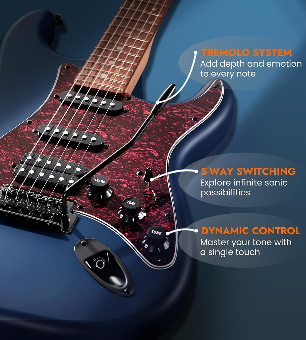 Tostar Electric Guitar Kit with Amp SSS Pickup Beginner Electric Guitar with Gig Bag,Capo,Tremolo, Strap, Picks Stratocaster 39' Full Size Electric Guitars Heavy Metal 6 String for Gifts Satin Blue