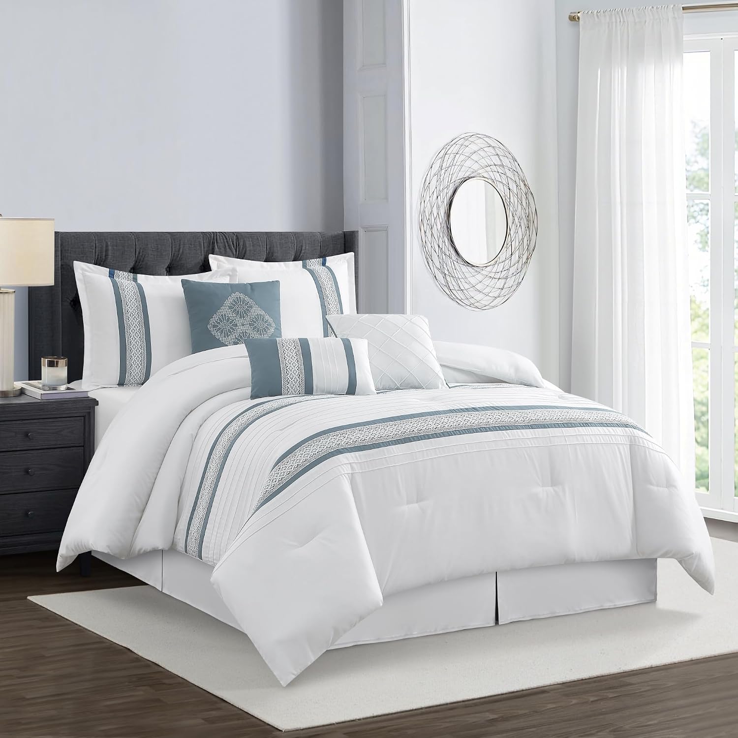 Grand Avenue Striped 7 Piece Blue Comforter Set, California King Size Microfiber Bedding, All Season Polyester Bedding Set, Bed Skirt, Pillows & Shams