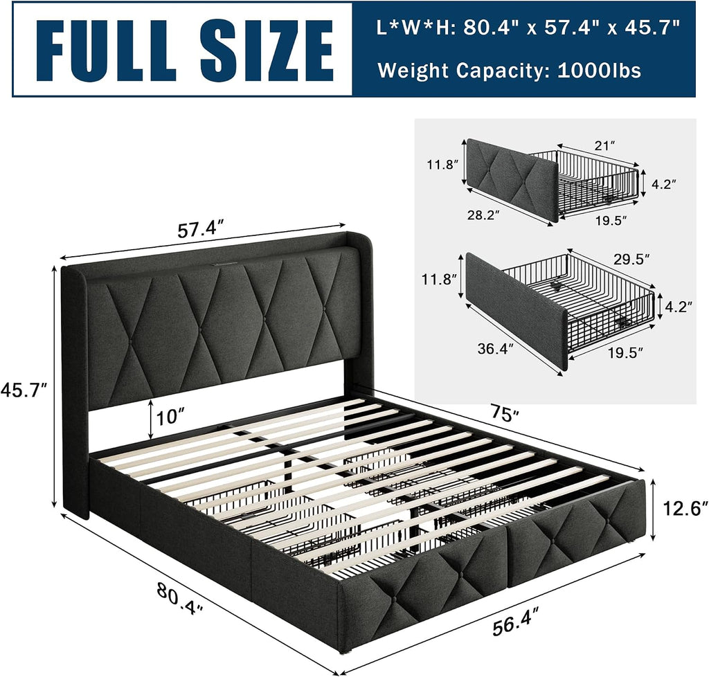 GalnFu Full Size Bed Frame with 4 Storage Drawers, Upholstered Platform Bed with Charging Station, Modern Wingback Storage Headboard, Easy Assembly,Noise-Free, Dark Gray