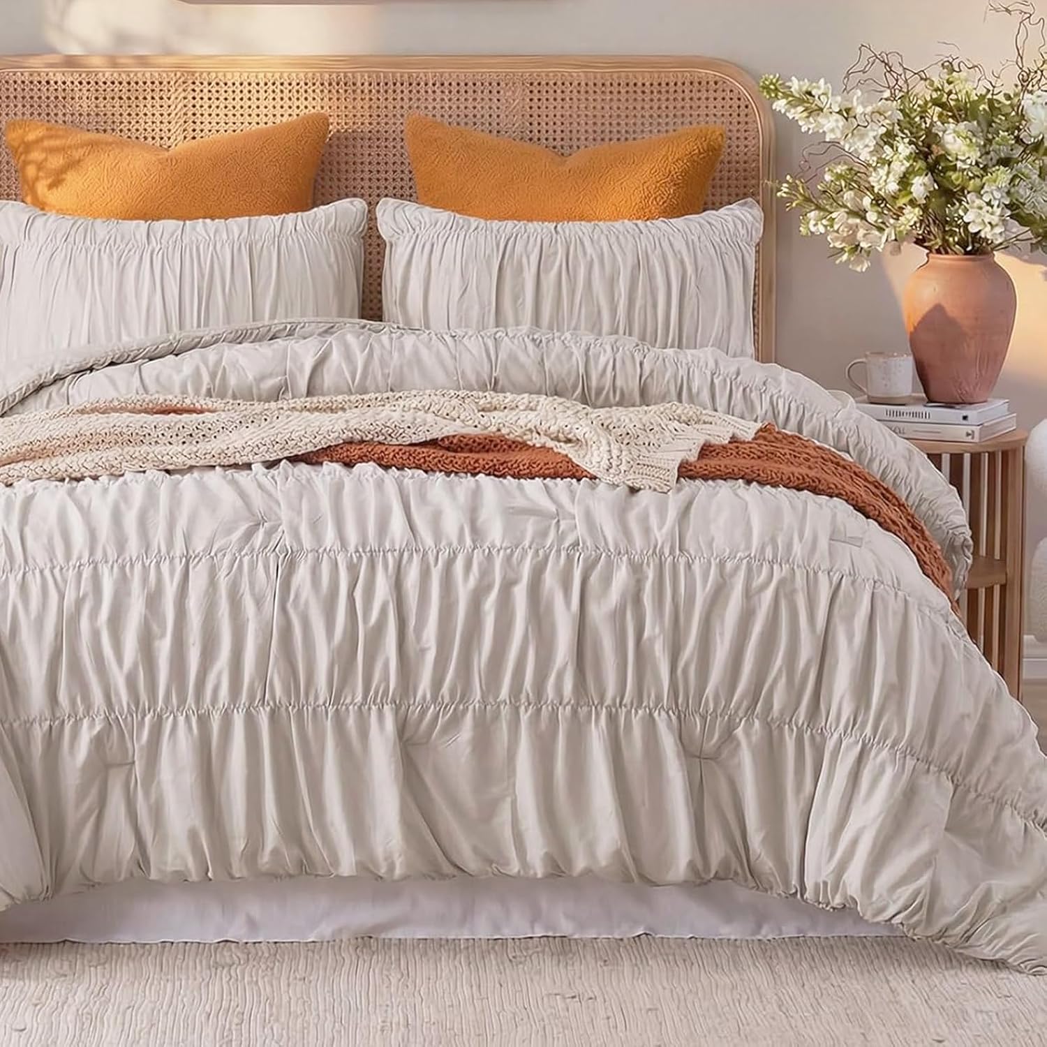 Bedbay Cotton Ruched Comforter for King Size Bed,Breathable Cotton Boho Comforter Set,Shabby Chic Ruffle Bedding Vintage Farmhouse Quilt Set,Soft Durable 3 Pcs Fluffy Comforter Bedroom Decor