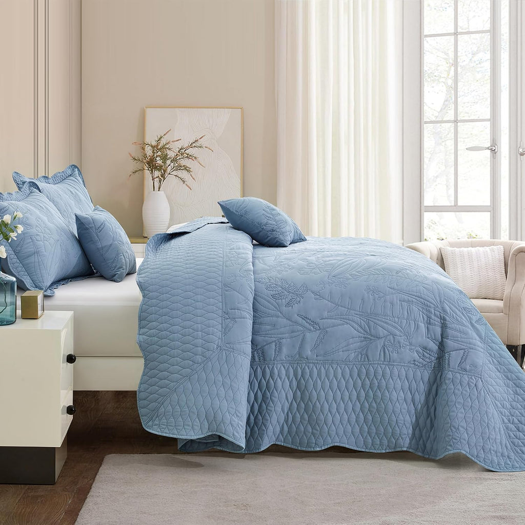DaisyHuang Botanical Oversized Bedspread King Size - Leaves Pattern Stitching Quilt Set - Elegant & Fresh Style Bedding Coverlets, Reversible, Lightweight, 5 Piece, Ashley Blue