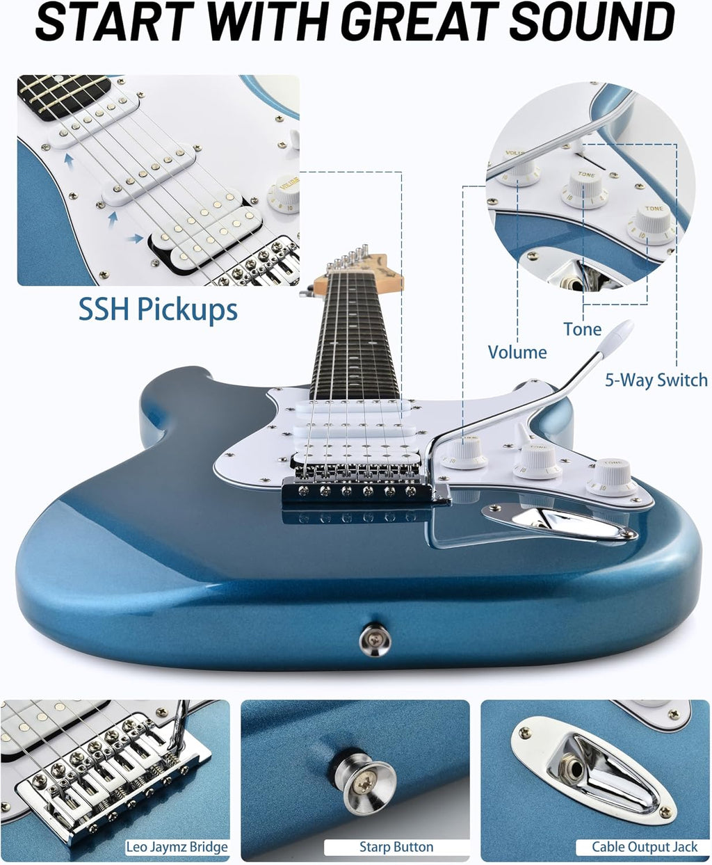 Leo Jaymz Beginner Electric Guitar 39' Kit with Portable Amplifier, Padded Gig Bag, Digital Tuner，Capo，Strap，Picks，HSS Pickups(Blue-HSS)