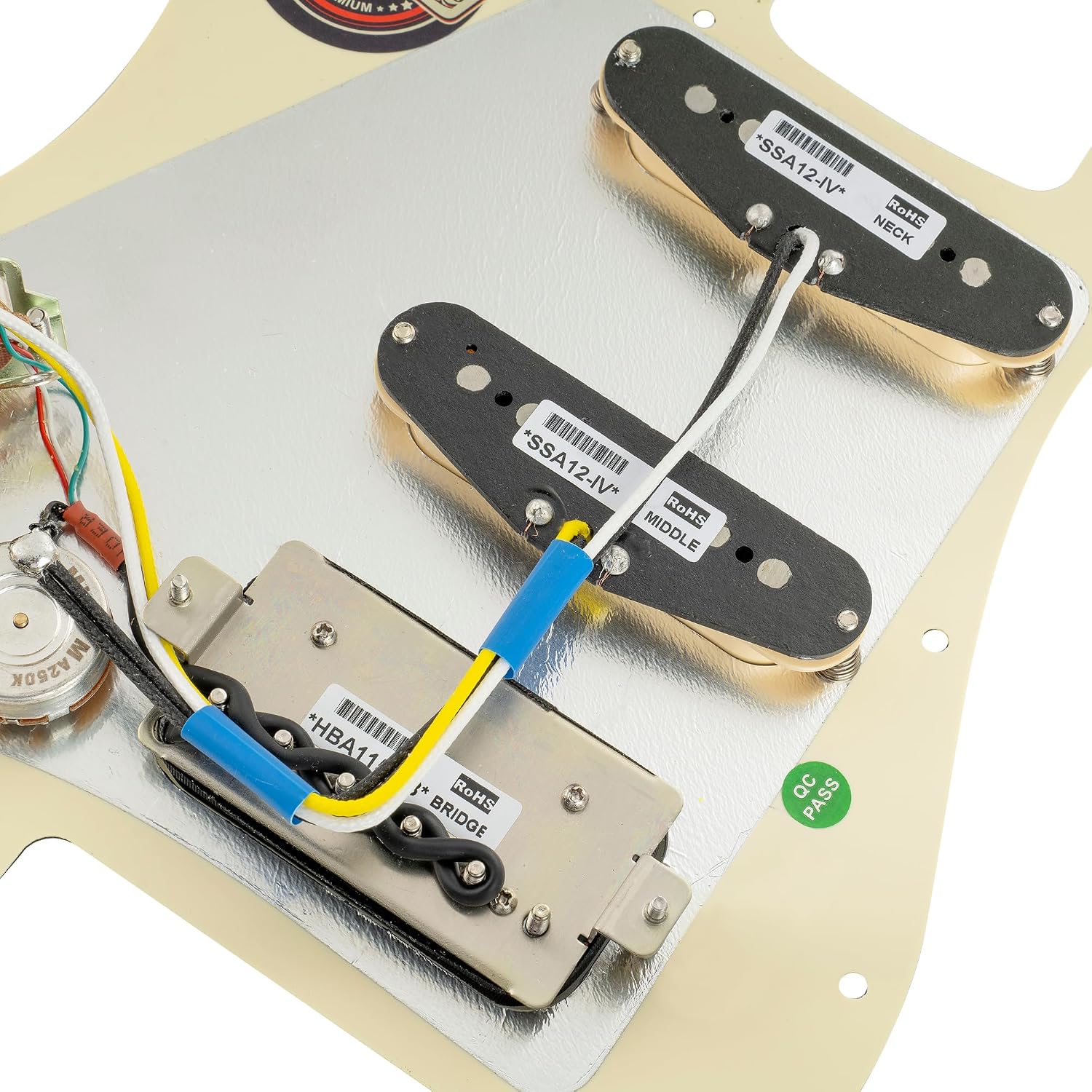 Musiclily Pro Auto-Split HSS Loaded Pickguard ST Prewired Pickguard with Artec Alnico 5 Single Coil Humbucker Pickups for American/Mexico Import Squier Strat Electric Guitar, 4ply Aged White Pearl