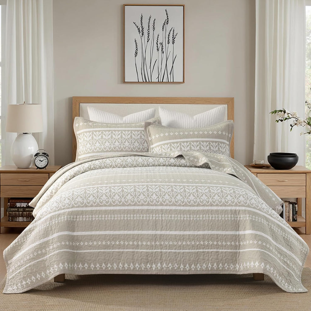 100% Cotton Quilt Set King Size - Beige and White Boho Quilt Bedding Set - Bohemian Striped Quilt Set with 2 Shams - All-Season Lightweight Coverlet & Bedspread 3 Piece