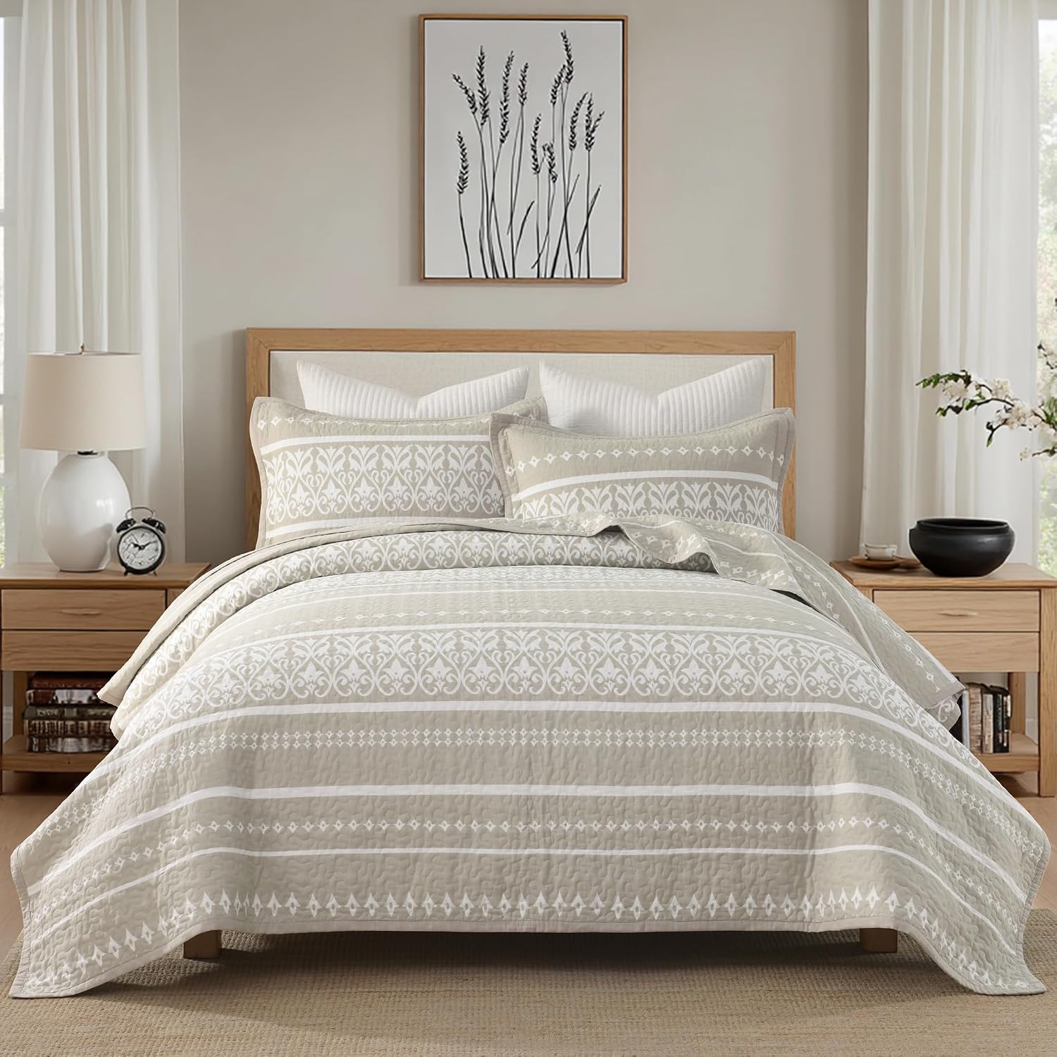 100% Cotton Quilt Set King Size - Beige and White Boho Quilt Bedding Set - Bohemian Striped Quilt Set with 2 Shams - All-Season Lightweight Coverlet & Bedspread 3 Piece