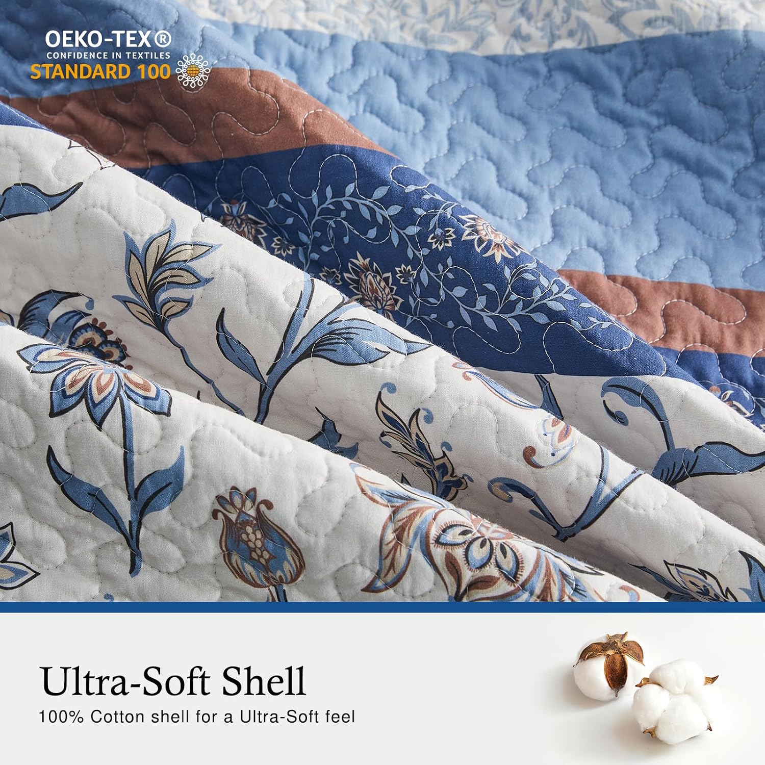 100% Cotton Oversized King Bedspread 128'x120' - Lightweight Vintage California Quilt with 2 Shams, Reversible Floral Striped Extra Wide Quilted Bedding Coverlet Set, Dark Blue/Brown/Cream
