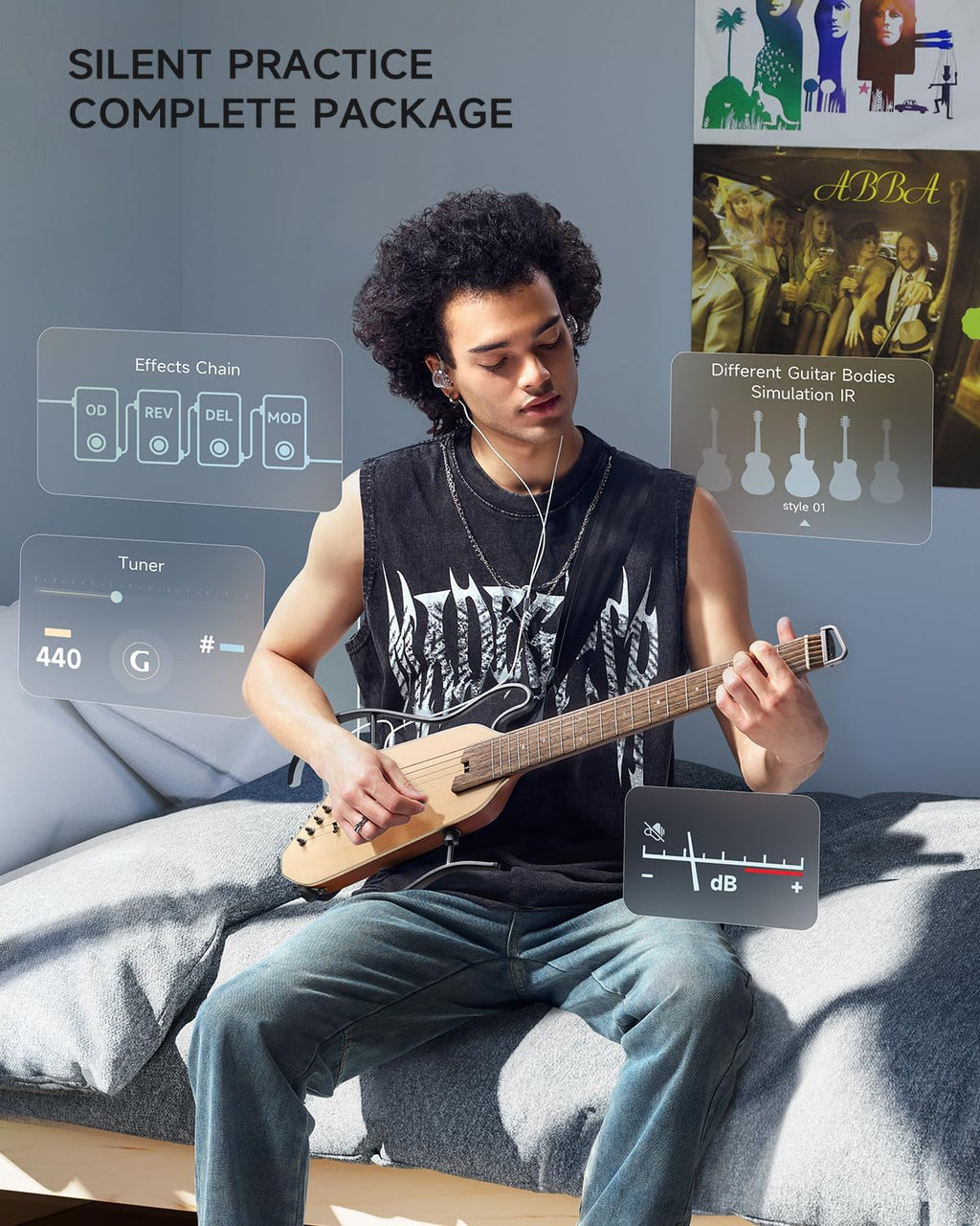 Donner Acoustic Electric Guitar HUSH I PRO Travel Guitar with Multiple Effect Modes Smart Guitarra Kit of Earphone, Gig Bag, Strap, Charging Cable