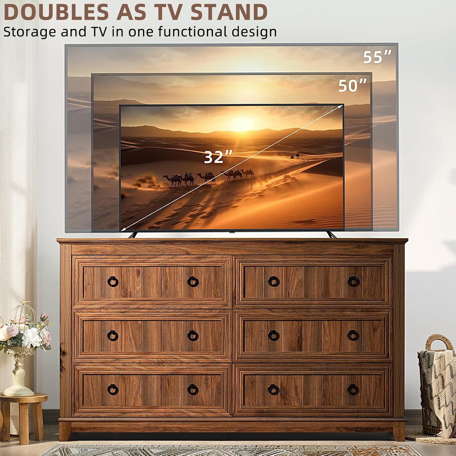 Joaxswe Farmhouse Furniture Set, Nightstands with Charging Station and 6 Drawers Dresser for Bedroom, 54 Inch Wide Wood Dresser and 18' Night Stands for Bedroom, Living Room, Hallway