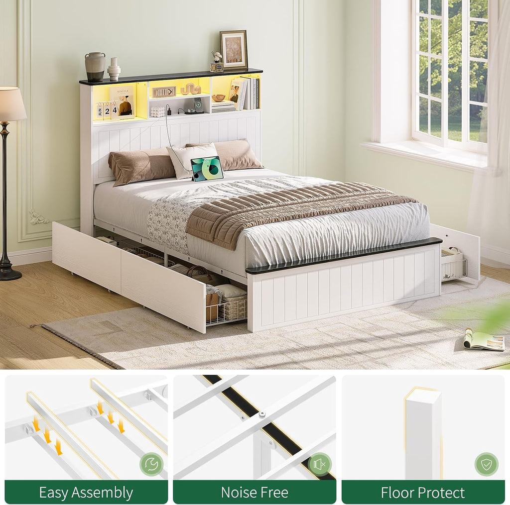 Yoobure Full Size Bed Frame with Headboard - Farmhouse Wood Bed Frames with 4 Storage Drawers, Platform Beds with Charging Station & LED Light, No Noise Double Bedframe, No Box Spring Needed, White