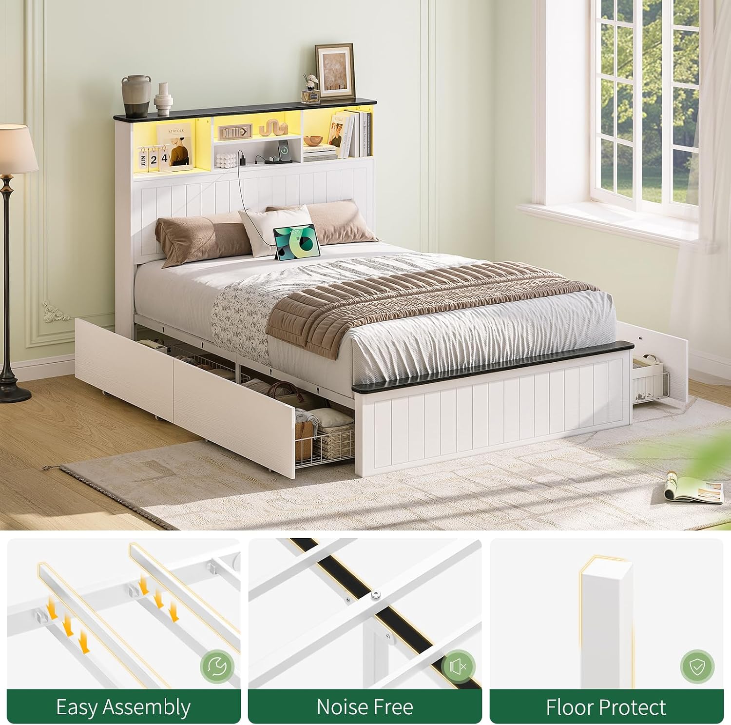 Yoobure Full Size Bed Frame with Headboard - Farmhouse Wood Bed Frames with 4 Storage Drawers, Platform Beds with Charging Station & LED Light, No Noise Double Bedframe, No Box Spring Needed, White