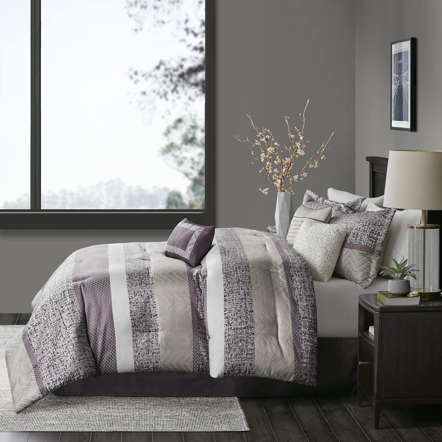 Madison Park Luxury Comforter Set-Traditional Jacquard Design, All Season Down Alternative Bedding, Matching Bedskirt, Decorative Pillows, King(104'x92'), Rhapsody, Striped Purple 7 Piece